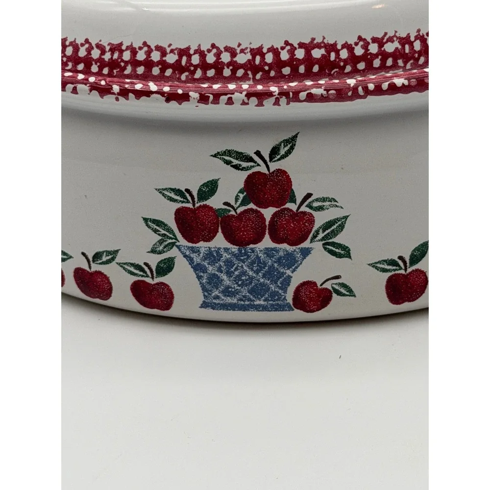 Vintage Apple Basket Oval Ceramic Casserole Dish with Lid Red Spongeware Trim